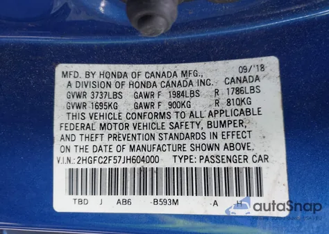 2018 Honda Civic Lx z USA, uszkodzony, nr VIN 2HGFC2F57JH604000